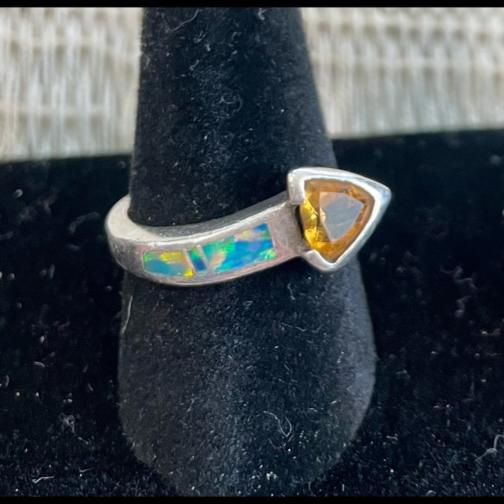 Vintage 925 Sterling Silver Fire Opal  Citrine Ring Signed Arrowhead sz 6.5